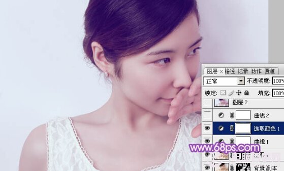 Photoshop打造淡紫色的室内女生头像照片